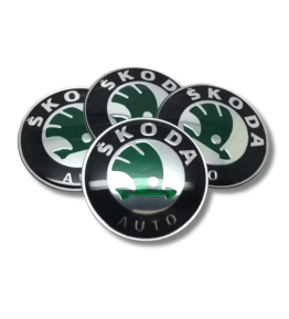 4 Stück x 65mm ŠKODA METALL Aufkleber Felgen GRÜN LOGO Radkappen Embleme