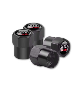 Lot de 4 bouchons de valve de pneu pour Audi texte rouge avec anneaux et capuchon anti-poussière noir