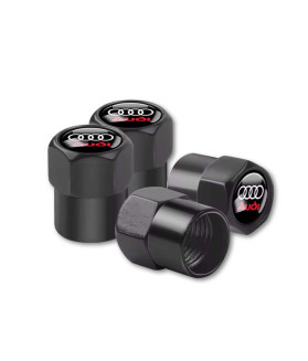 Lot de 4 bouchons de valve de pneu pour Audi texte rouge avec anneaux et capuchon anti-poussière noir