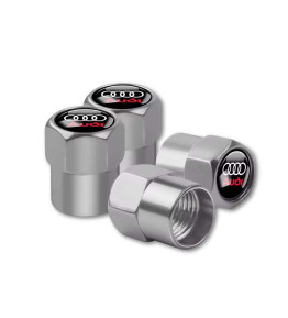 Lot de 4 bouchons de valve de pneu pour Audi texte rouge avec anneaux et capuchon anti-poussière argent