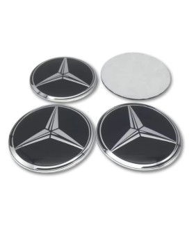 4 items x 56mm METAL emblems MERCEDES BENZ, Wheel center Rim cover Logo stickers BLACK